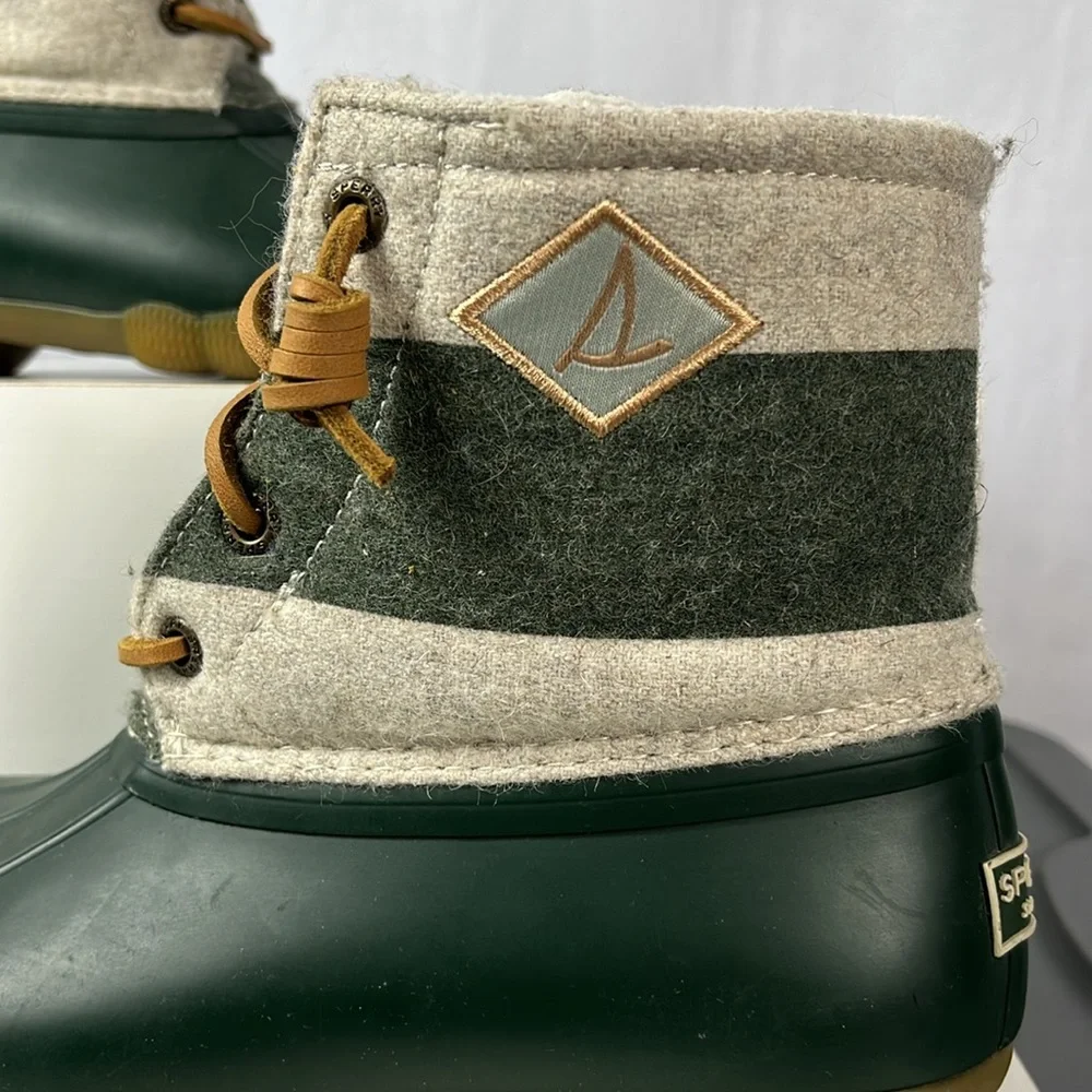 Sperry Saltwater Varsity Stripe Duck‎ Snow/Rain Boots Oat/Green.